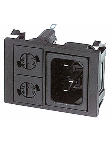 Enchufe tripolar VDE C14 para montaje en panel con doble portafusibles de 5x20 mm