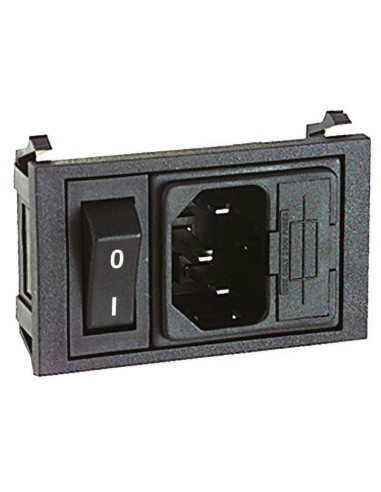 Three-pin VDE C14 power plug for panel mounting with 5x20mm fuse holder and rocker switch