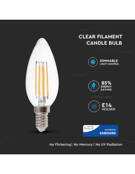 V-TAC PRO VT-254D 278 Lampadina LED Dimmerabile E14 4W Candela a Filamento  2700K Chip Samsung