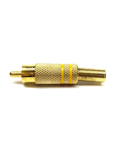 Brass RCA plug with cable guide spring - with yellow rings