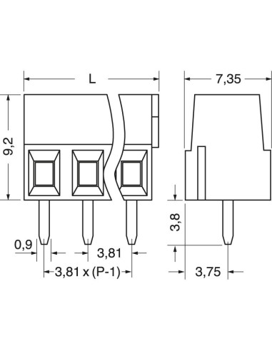 Borne à chariot 2 pôles, pas de 3,81 mm, pour circuits imprimés