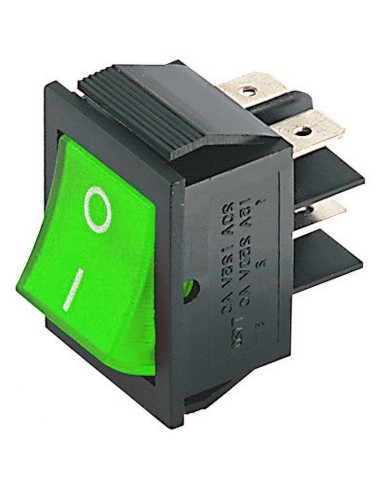 Interruptor basculante bipolar DPST ON-OFF botón iluminado en verde y  terminales faston de 6,35mm agujero 31x22,7mm 250V 15A