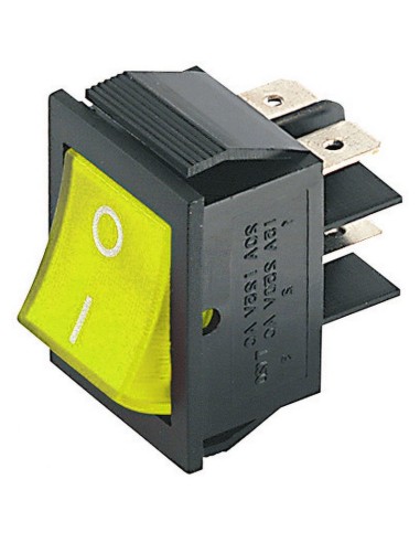 Interruptor basculante bipolar DPST ON-OFF pulsador amarillo iluminado y  terminales faston de 6,35mm agujero