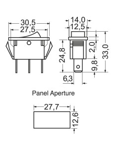 Interruttore bipolare a bilanciere DPST ON-OFF tasto luminoso rosso e con  terminali faston 6,35mm foro 30x22mm, IP65, 250V 16A