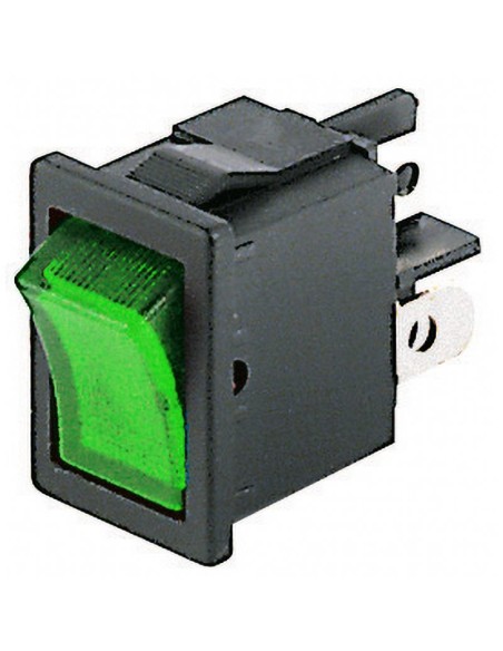 Interrupteur à bascule bipolaire DPST ON-OFF avec bouton lumineux vert et  bornes faston 4.8mm, trou de montage 19x13mm, 250V 6A