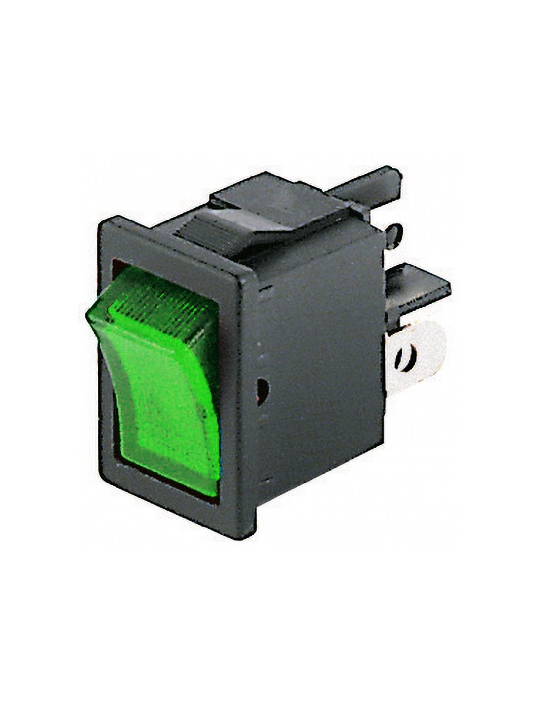 Interrupteur à bascule bipolaire DPST ON-OFF avec bouton lumineux vert et  bornes faston 4.8mm, trou de montage 19x13mm, 250V 6A