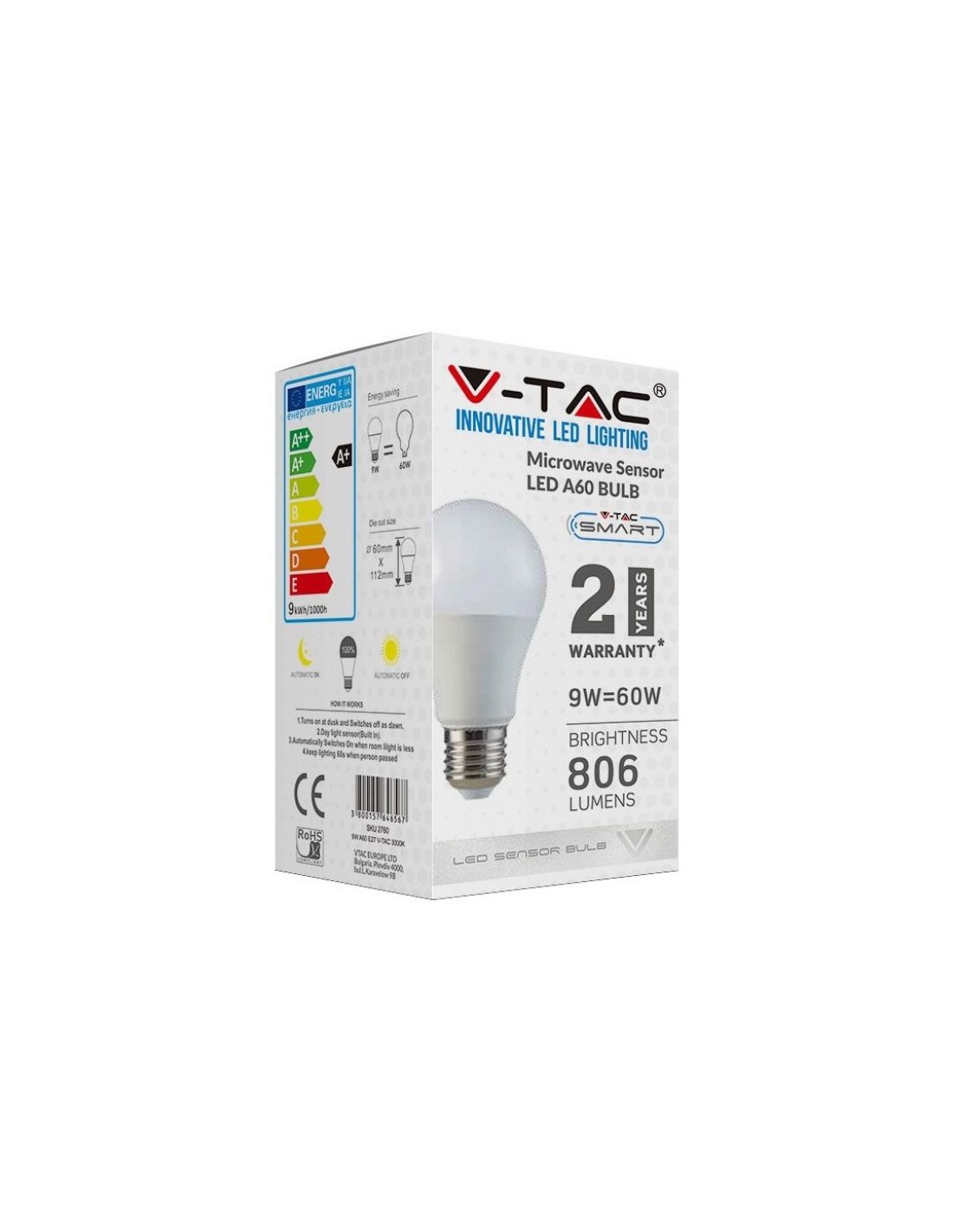 V-TAC VT-2219 Ampoule LED E27 9W A60 avec détecteur de mouvement et de  crépuscule