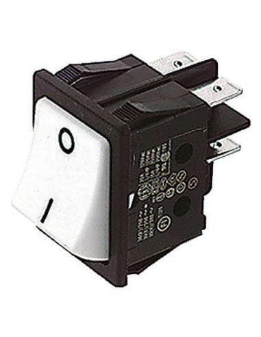 Interruttore bipolare a bilanciere DPST ON-OFF tasto bianco e con terminali faston 6,35mm, foro montaggio 32x24,8mm, 250V 16A
