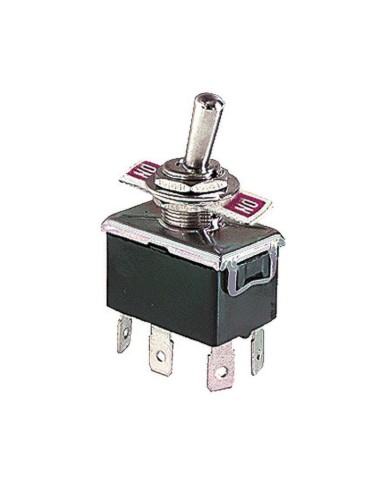 Two-pole lever switch DPDT (ON)-OFF-(ON) with 6.35mm faston terminals, mounting hole Ø12mm, 250V 10A