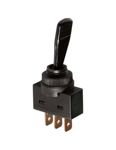 SPDT single-pole lever switch ON-OFF-ON with black lever and 6.35mm faston terminals, mounting hole Ø12mm, 12V 20A