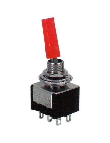 DPDT two-pole lever switch ON-OFF-ON with red lever and solder terminals, mounting hole Ø6mm, 125V 6A