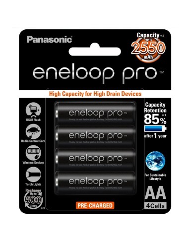 Blister de 4 piles rechargeables Ni-Mh AA 1,2V 2550mAh Panasonic Eneloop  Pro.