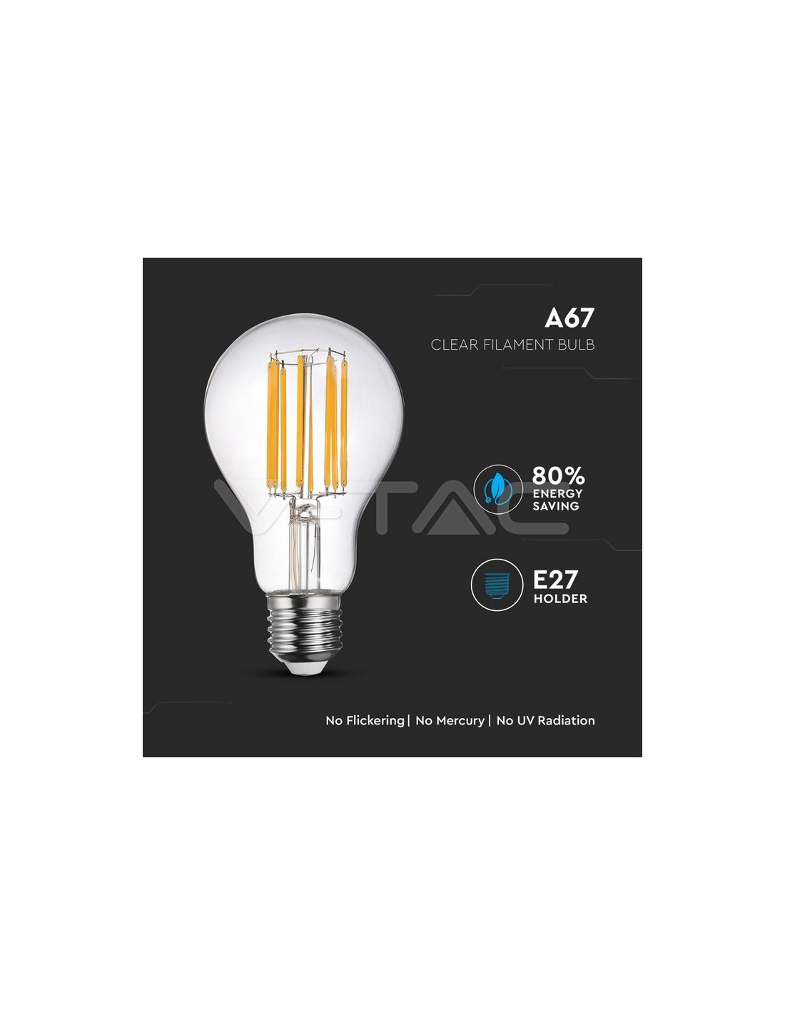 V-TAC VT-2328 212802 Lampadina LED E27 18W 135LM/W A67 Filamento 3000K