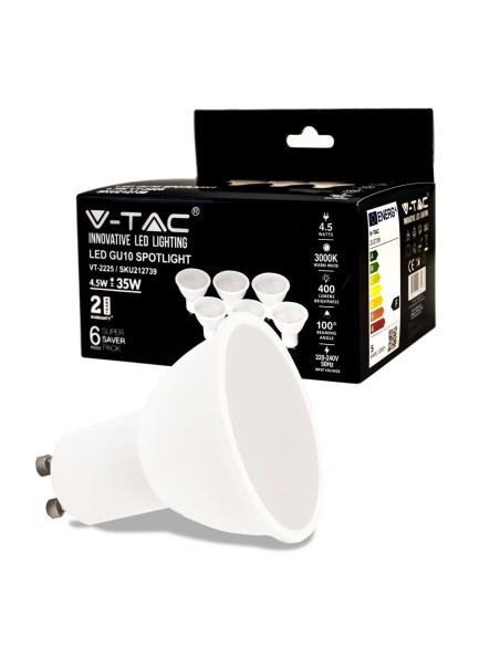 V-TAC VT-2225 Pack de 6 focos LED GU10 4,5W 100° Tapa satinada