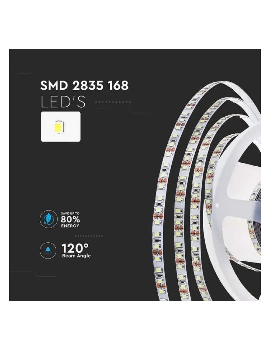 Strip led 24V, SMD2835, 12W/m, 168 led/m, IP20, larghezza 10mm - V-TAC  VT-2835