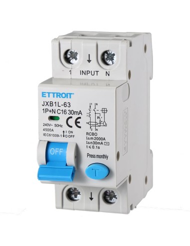 Interruttore magnetotermico differenziale 1P+N, 2 moduli, 220Vac, 16A, 30mA, 4,5KA - Ettroit JXB1L-63-2P-16A-4.5KA