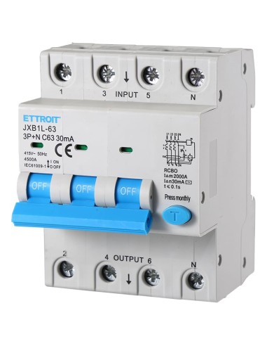 Disjoncteur à courant résiduel 3P+N, 4 modules, 415Vac, 63A, 30mA, 4.5KA - Ettroit JXB1L-63-3PN-63A-4.5KA