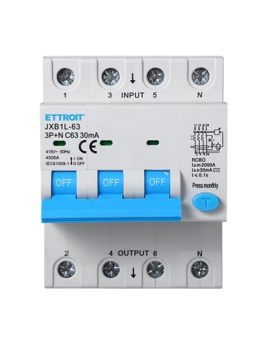 Interruttore magnetotermico differenziale 3P+N, 4 moduli, 415Vac, 63A,  30mA, 4,5KA - Ettroit JXB1L-63-3PN-63A-4.5KA