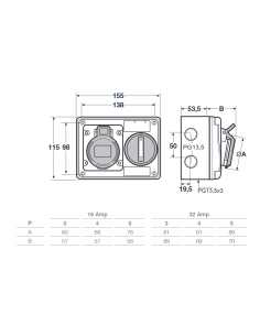 Enchufe bloqueado con interruptor seccionador, con base, con disyuntor,  380V, 5 polos, 16A, IP67-Rosi 16.3416