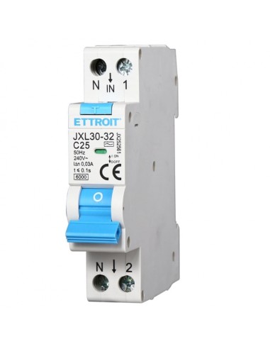 Residual current circuit breaker 1P+N, 1 module, 230Vac, 25A, 30mA, 6KA - Ettroit JX2561