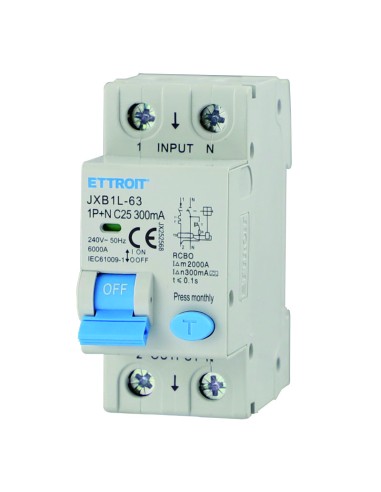 Disjoncteur à courant résiduel 1P+N, 2 modules, 230Vac, 25A, 300mA, 6KA, classe A - Ettroit JX2568