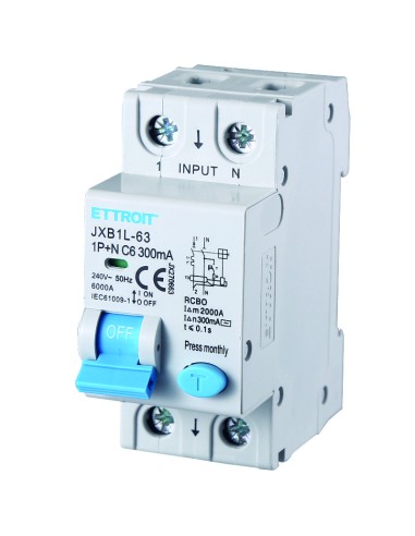 Residual current circuit breaker 1P+N, 2 modules, 230Vac, 6A, 300mA, 6KA - Ettroit JX270663