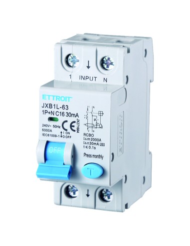 Residual current circuit breaker 1P+N, 2 modules, 230Vac, 16A, 30mA, 6KA, class A - Ettroit JX271664