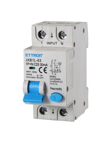 Disjoncteur à courant résiduel 1P+N, 2 modules, 230Vac, 25A, 30mA, 6KA - Ettroit JX272561